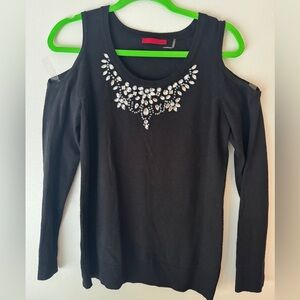 Black Cold Shoulder Sweater with Rhinestone Embellishment M